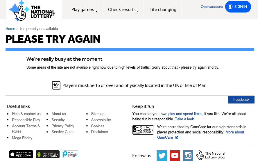 UK National Lottery Web Site Unavailable following the Grand National